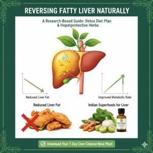 A professional digital PDF cover titled "REVERSING FATTY LIVER NATURALLY." The background features a clean, clinical aesthetic with a soft anatomical illustration of a healthy liver. In the foreground, a vibrant bowl of Indian superfoods like amla, garlic, and leafy greens is displayed next to a "7-Day Liver-Cleanse" badge.