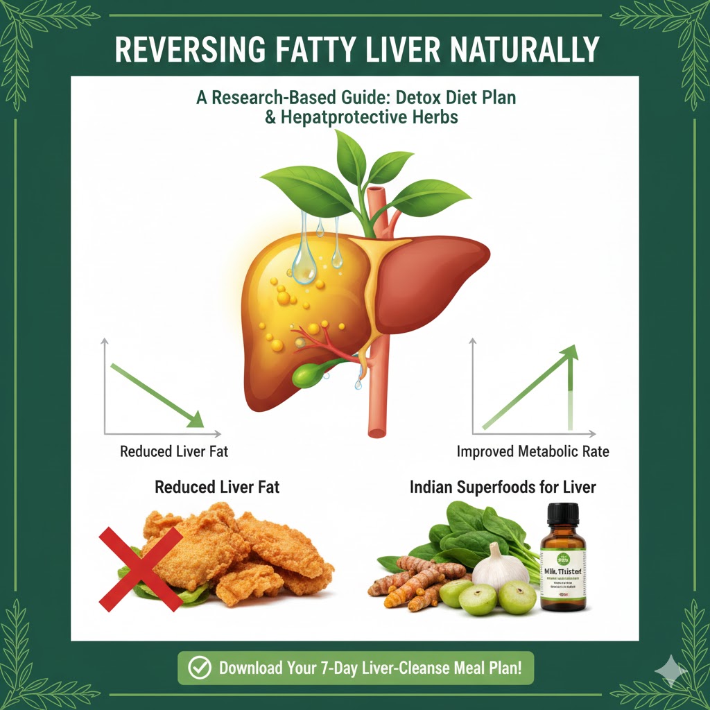 A professional digital PDF cover titled "REVERSING FATTY LIVER NATURALLY." The background features a clean, clinical aesthetic with a soft anatomical illustration of a healthy liver. In the foreground, a vibrant bowl of Indian superfoods like amla, garlic, and leafy greens is displayed next to a "7-Day Liver-Cleanse" badge.
