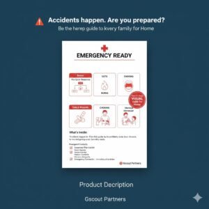 A bold, high-contrast digital PDF cover titled "EMERGENCY READY." The layout uses an urgent but calm color palette of red and white. It features clear, instructional icons for treating a burn, bandaging a cut, and the Heimlich maneuver. A prominent sub-headline reads: "Your Step-by-Step Visual Guide for Home Emergencies."