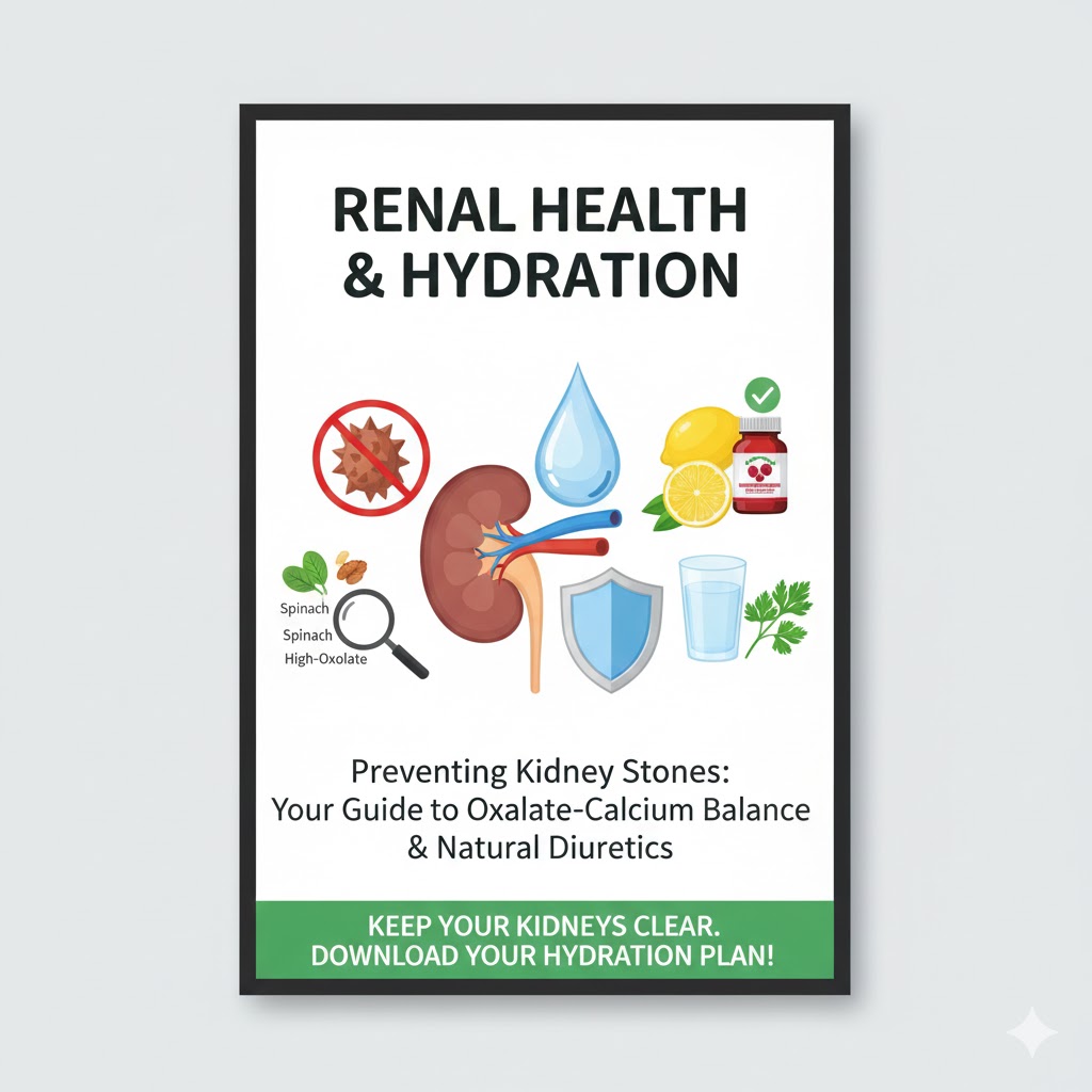A clean, medical-grade digital PDF cover titled "RENAL HEALTH & HYDRATION." The design features a tall, refreshing glass of water with a slice of lemon, next to a diagram of healthy kidneys. Icons represent the balance of Calcium and Oxalates, with a background showing kidney-friendly vegetables like bell peppers and cauliflower.
