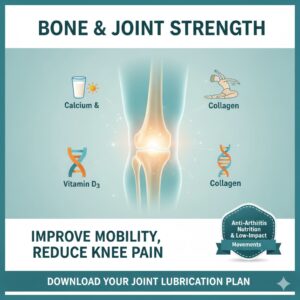 A clean and inspiring digital PDF cover titled "BONE & JOINT STRENGTH." The visual features an active senior or adult moving comfortably, with a subtle anatomical highlight on a healthy knee joint. Surrounding the central image are icons of Calcium-rich dairy, Vitamin D3 sources, and anti-inflammatory spices like ginger and turmeric.