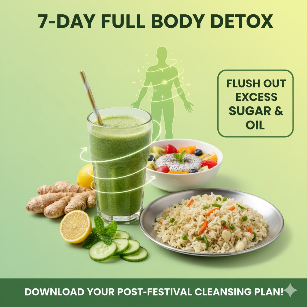 A vibrant and refreshing digital PDF cover titled "7-DAY FULL BODY DETOX." The design features a tall glass of green detox juice with mint and cucumber, surrounded by fresh Indian ingredients like ginger, lemon, and papaya. A "Post-Festival Recovery" badge is prominent, with a background that feels light, airy, and energizing.