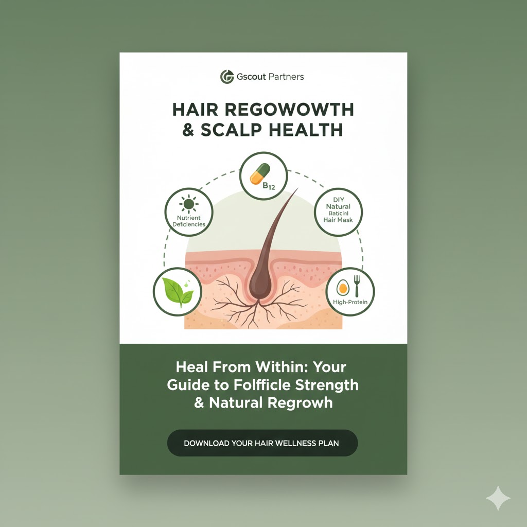 A sophisticated and clean digital PDF cover titled "HAIR REGROWTH & SCALP HEALTH." The visual features a close-up of healthy, thick hair follicles alongside icons representing Vitamin B12, Vitamin D, and Protein. In the corner, there are images of natural ingredients like amla, curry leaves, and walnuts, set against a clinical yet holistic background.