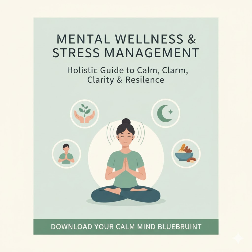 A serene and calming digital PDF cover titled "MENTAL WELLNESS & STRESS MANAGEMENT." The design features a person in a peaceful meditative pose, overlaid with soft, cool-toned gradients. Small, elegant icons represent deep breathing, a moon for sleep hygiene, and adaptogens like Ashwagandha and almonds. The overall aesthetic is clean, minimalist, and tranquil.