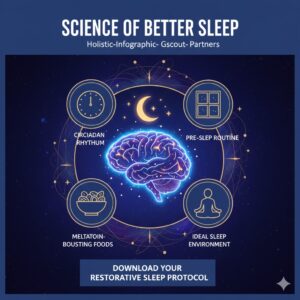 A soothing and premium digital PDF cover titled "SCIENCE OF BETTER SLEEP." The visual features a peaceful night-sky aesthetic with a stylized clock showing the alignment of the Circadian Rhythm. Icons of sleep-inducing foods like warm milk, almonds, and cherries are displayed alongside a "Deep Sleep Guarantee" badge. The colors are deep indigo, gold, and soft lavender.