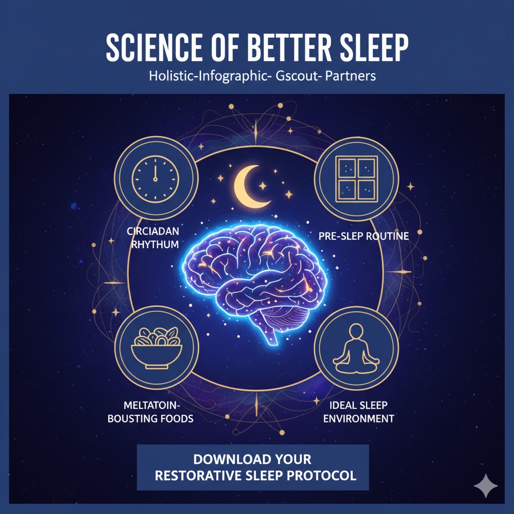 A soothing and premium digital PDF cover titled "SCIENCE OF BETTER SLEEP." The visual features a peaceful night-sky aesthetic with a stylized clock showing the alignment of the Circadian Rhythm. Icons of sleep-inducing foods like warm milk, almonds, and cherries are displayed alongside a "Deep Sleep Guarantee" badge. The colors are deep indigo, gold, and soft lavender.