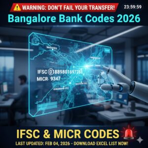 Digital map of Bangalore highlighting bank branch IFSC and MICR codes for Whitefield, Indiranagar, and Koramangala